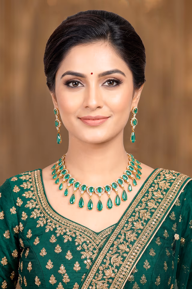 Bottle Green bridal necklace set — rent in Edappally