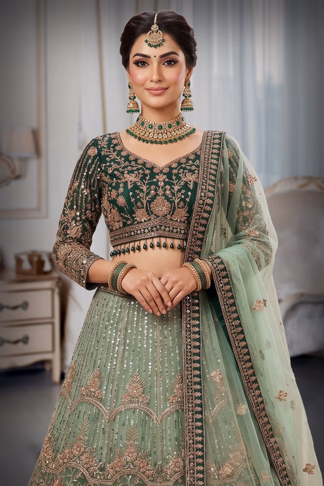 Bottle Green Floral Embroidered Lehenga — rent in Coimbatore