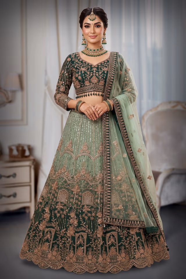 Bottle Green Floral Embroidered Lehenga — back view, rent in Coimbatore