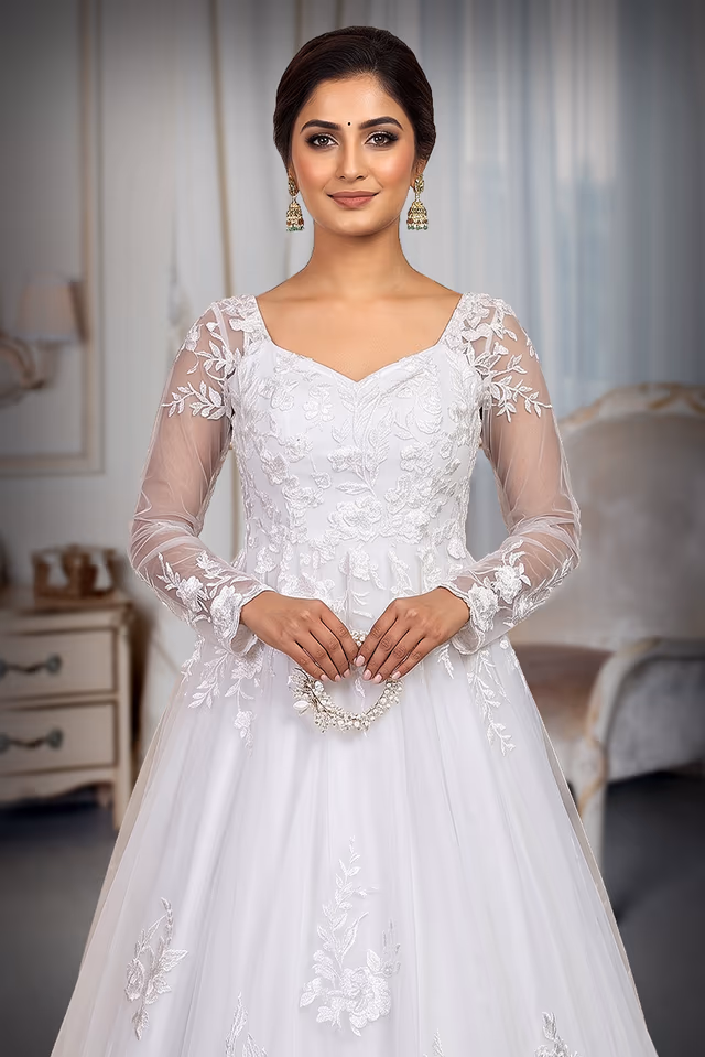 Christian Bridal Gown - White Imported fabric with Satin and Net , Along with the HeadDress and wale — rent in Coimbatore