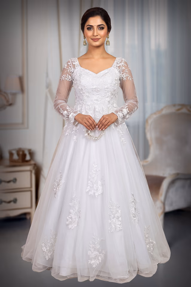 Christian Bridal Gown - White Imported fabric with Satin and Net , Along with the HeadDress… — back view, rent in Coimbatore