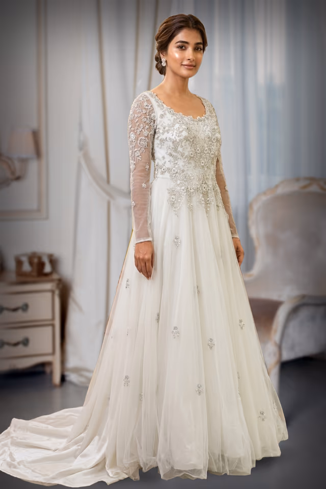 Ethereal Ivory Tulle Gown with Silver Beadwork and Cathedral Trail — back view, rent in Kochi