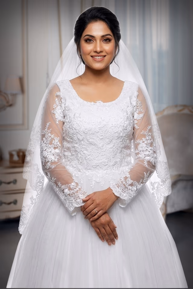 White Christian Bridal Gown along with the Veil — rent in Coimbatore