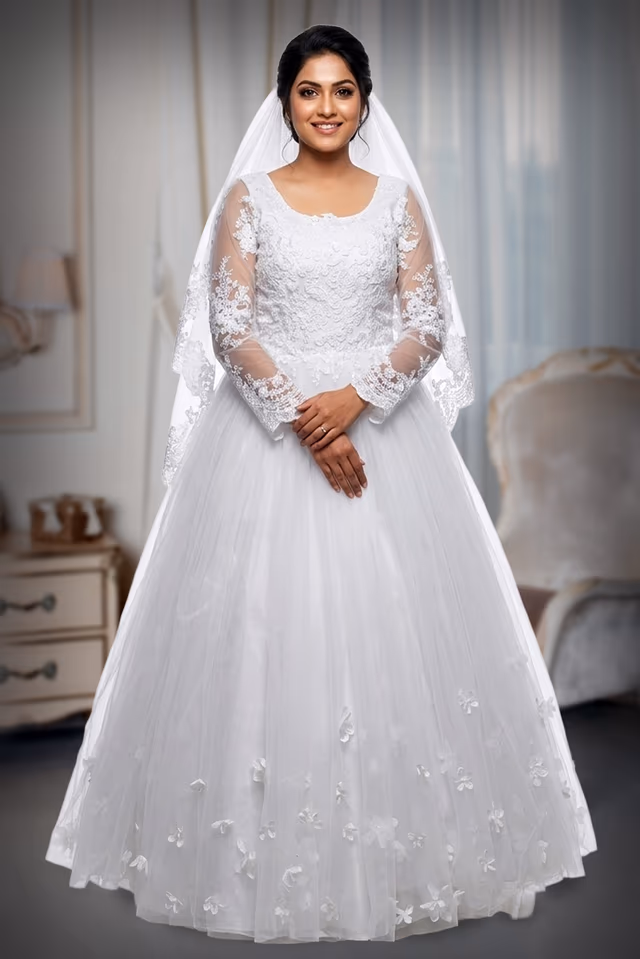 White Christian Bridal Gown along with the Veil — back view, rent in Coimbatore