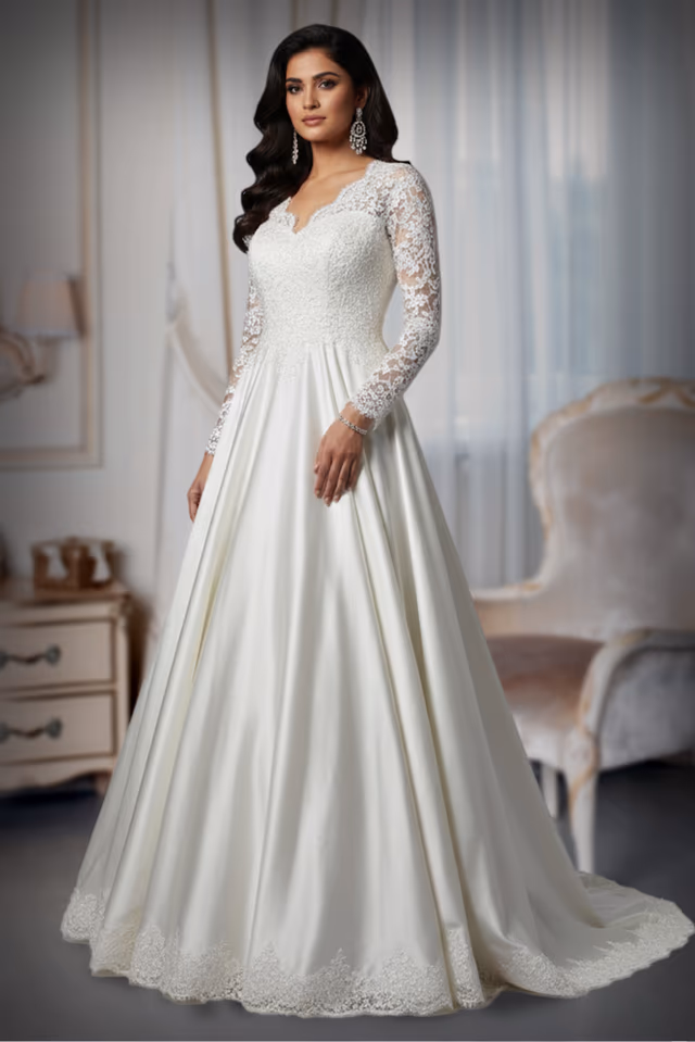 Classic White A-Line Gown with Chantilly Lace & Sheer Embroidery — back view, rent in Kochi