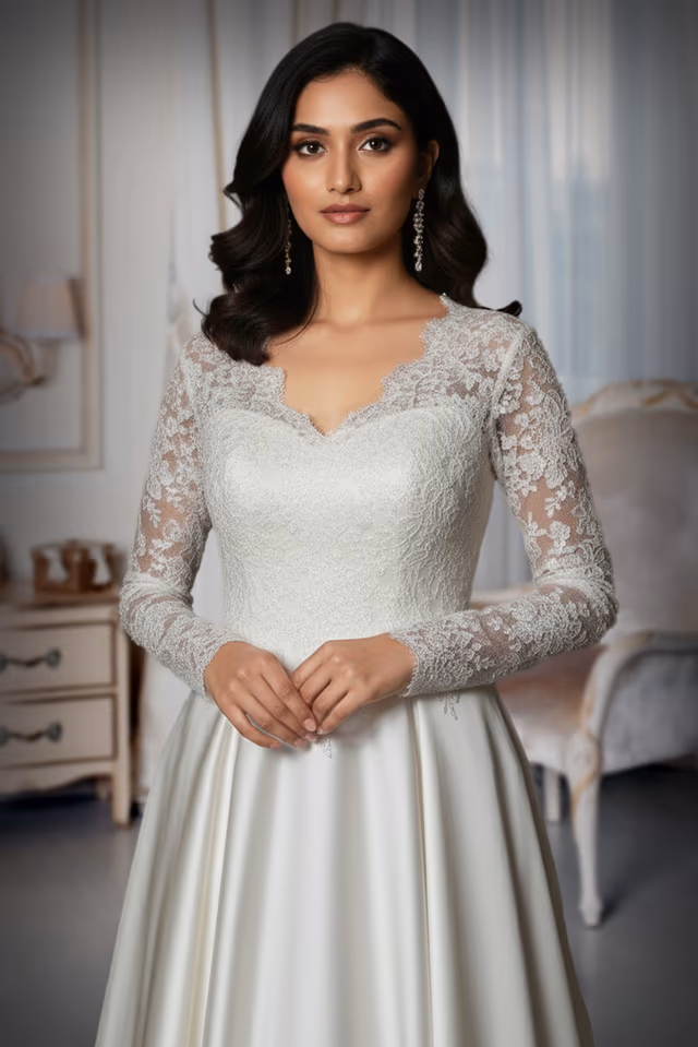 Classic White A-Line Gown with Chantilly Lace & Sheer Embroidery — rent in Kochi