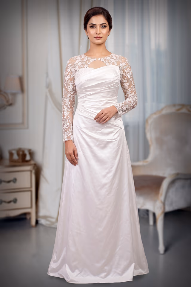 Elegant White Satin Gown With Floral Lace Full Sleeves Design — back view, rent in Bangalore