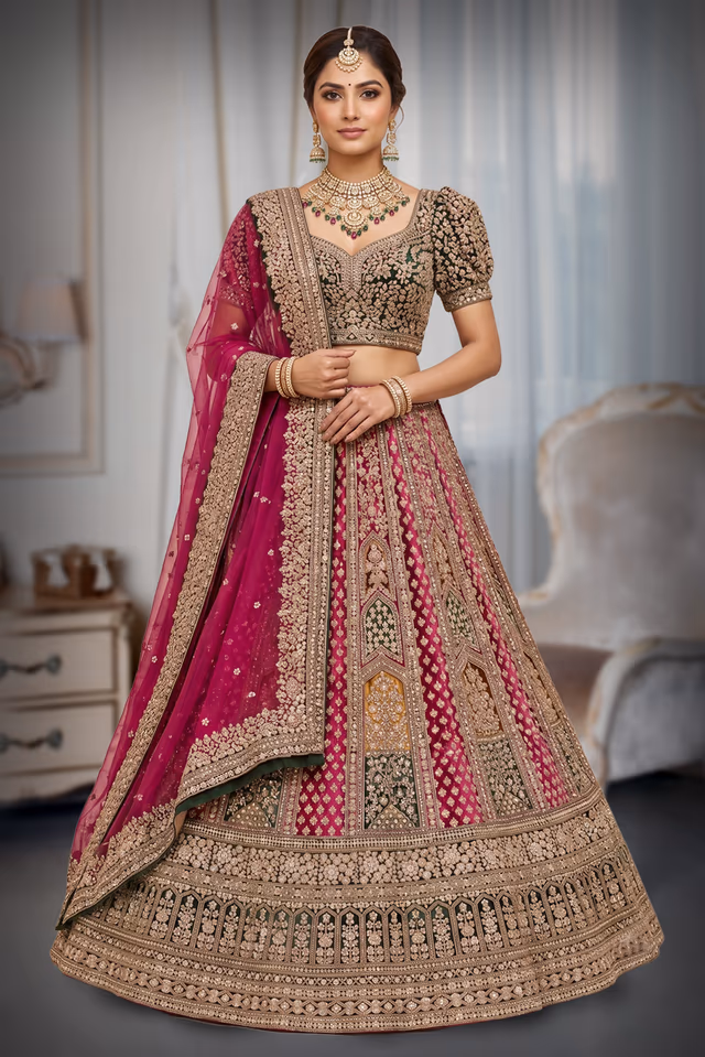 Bridal Red Kali Lehenga with Multicolour Blouse and Intricate Royal Embroidery — back view, rent in Bangalore