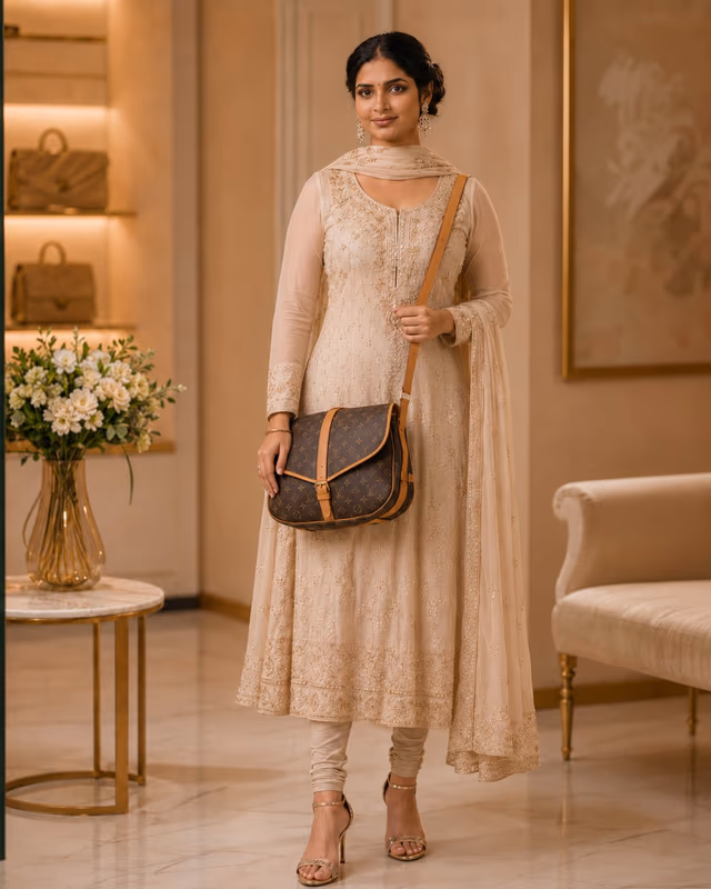 Louis Vuitton Monogram Canvas Samur 35 Brown Crossbody Bag — back view, rent in Edappally
