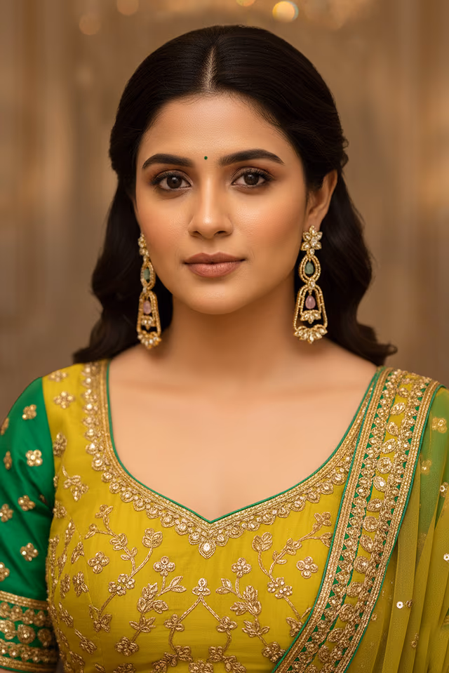 Exquisite gold-toned floral earrings featuring intricate stone-encrusted patterns, delicate hoop accents,… — rent in Calicut