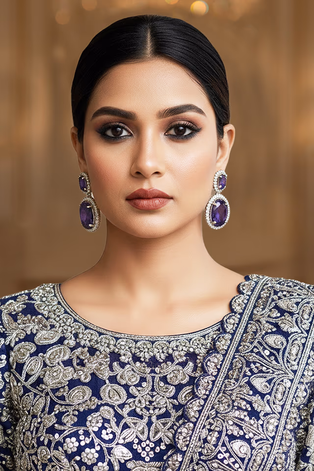 Royal Amethyst Halo Stud Earrings — rent in Kochi