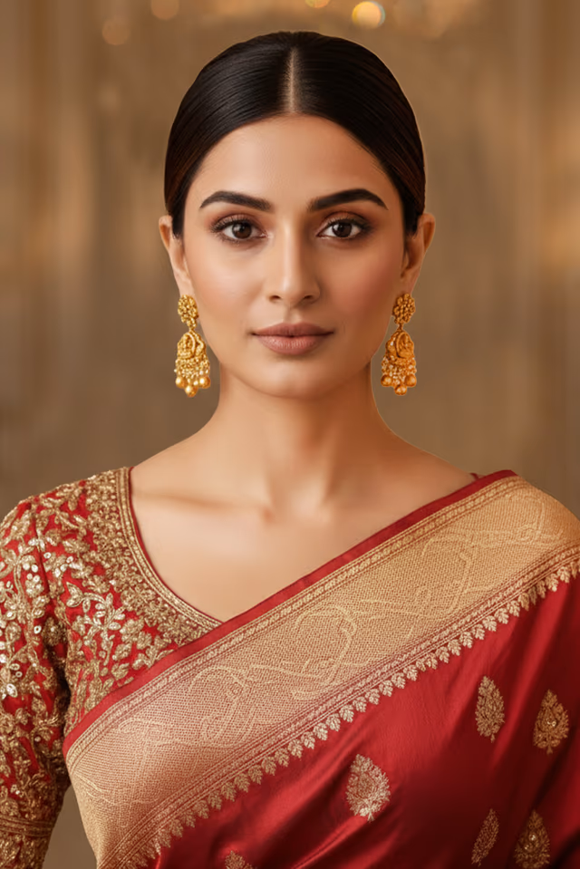 Timeless Antique Gold Jhumkas Adorned With Vibrant Ruby Stones And Delicate Pearl Drops — rent in Calicut