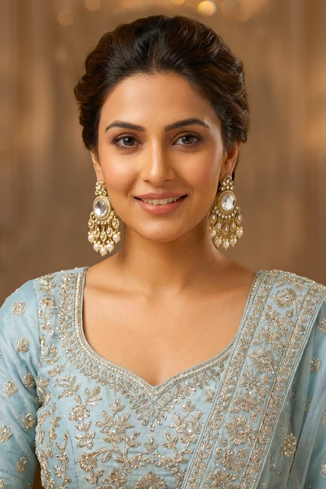 White Uncut Diamond Heritage Earring With Hanging Pearl Embellishments — rent in Calicut