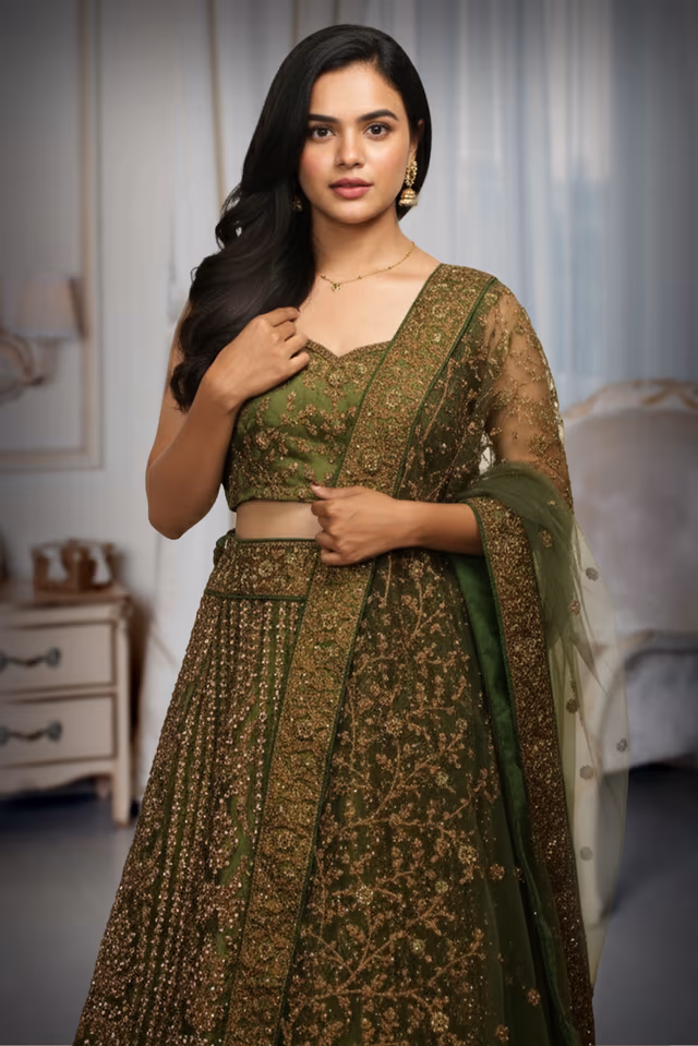 Beautifully Crafted Forest Green Lehenga, Offering A Harmonious Mix Of Pastel Hues And Shimmering… — rent in Calicut