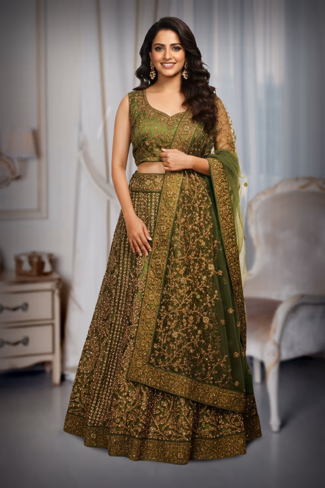 Beautifully Crafted Forest Green Lehenga, Offering A Harmonious Mix Of Pastel Hues And… — back view, rent in Calicut