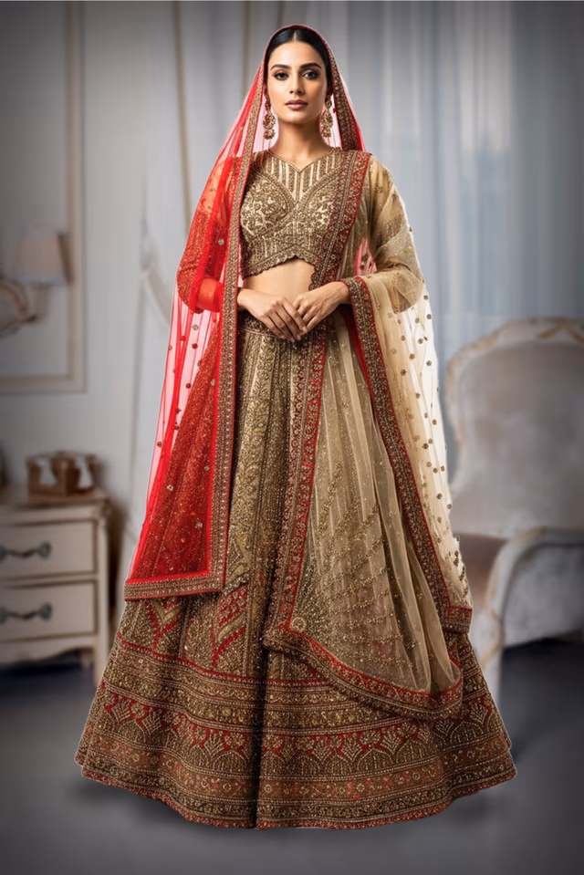 Elegant Beige And Red lehenga, blazes with intricate embroidery and shimmering sequins — back view, rent in Calicut