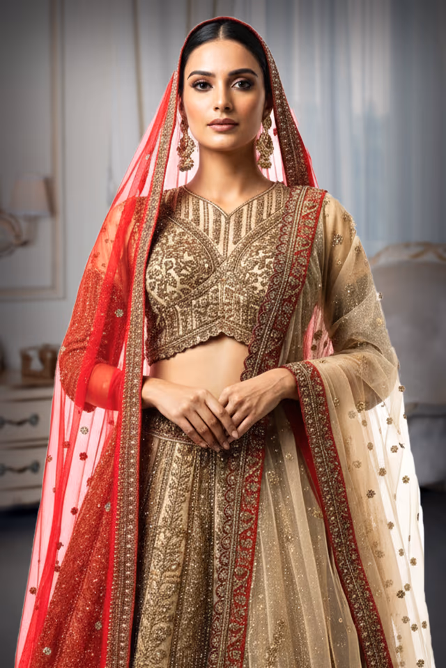 Elegant Beige And Red lehenga, blazes with intricate embroidery and shimmering sequins — rent in Calicut