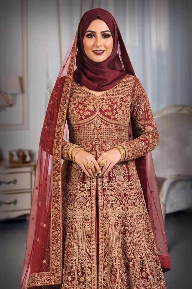 Blood Red Anarkali Lehenga With Intricate Stone work Details — rent in Calicut