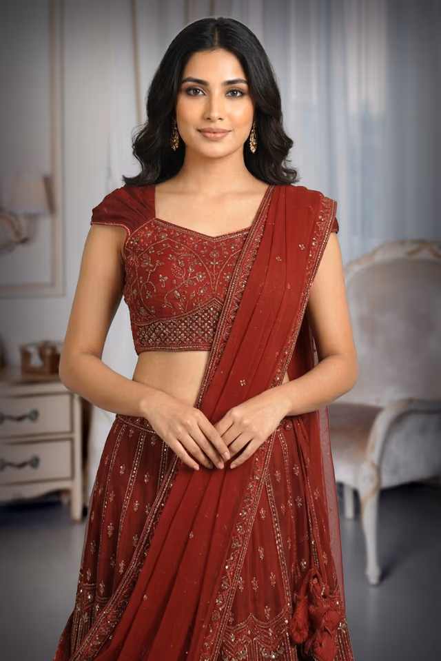 Blood Red Heavy Embellished Lehenga With Golden Threadwork Details on Blouse and Skirt Along With Same… — rent in Coimbatore