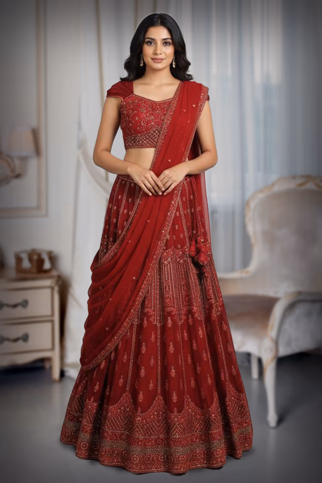 Blood Red Heavy Embellished Lehenga With Golden Threadwork Details on Blouse and Skirt… — back view, rent in Coimbatore