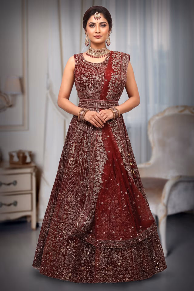Blood Red Net Lehenga With Stone Work Detailing With Crop Top Blouse And Same Color Dupatta — back view, rent in Calicut