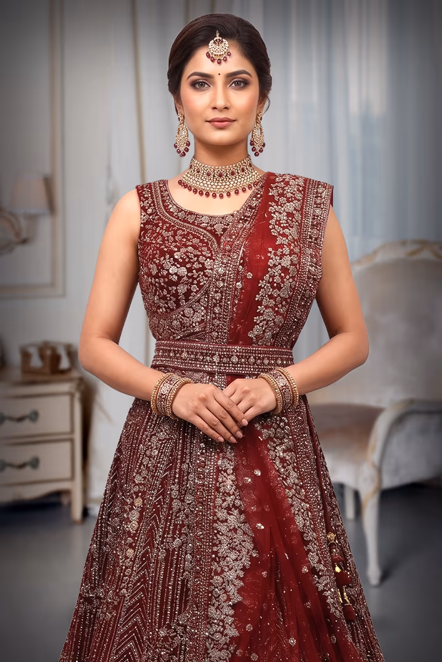 Blood Red Net Lehenga With Stone Work Detailing With Crop Top Blouse And Same Color Dupatta — rent in Calicut