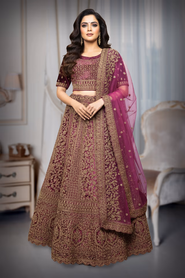 Bridal Lehenga Choli or Heavily Embellished Velvet Lehenga — back view, rent in Kochi