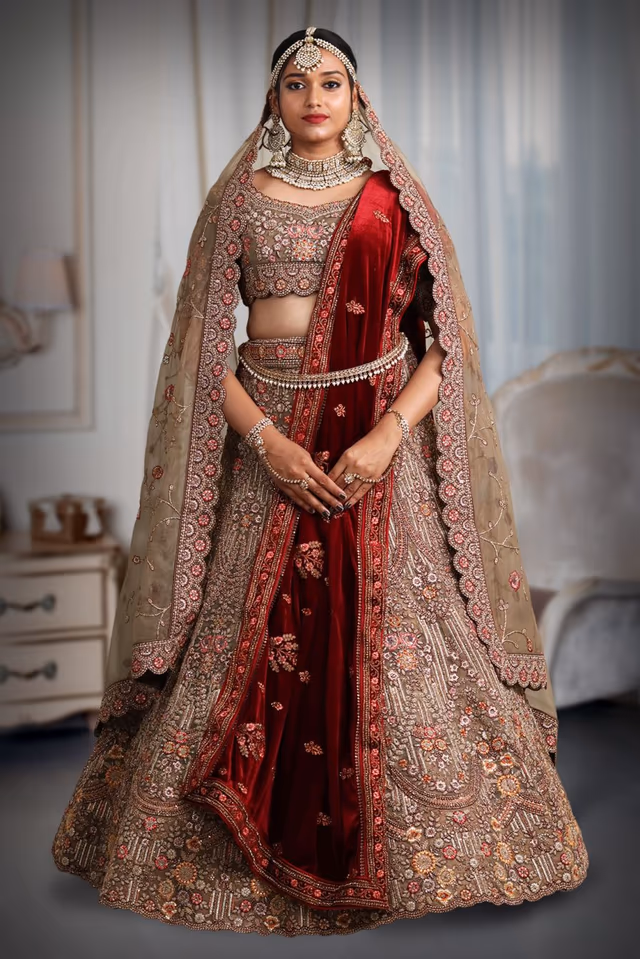 Chiku colour heavy embroidery jarkan work lehenga — back view, rent in Bangalore