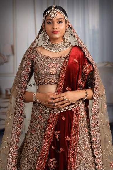 Chiku colour heavy embroidery jarkan work lehenga — rent in Bangalore