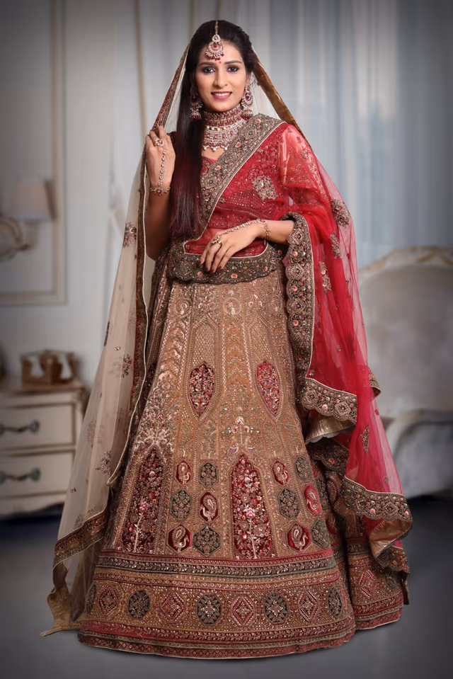 Chiku sequins & embroidery work lehenga — back view, rent in Bangalore