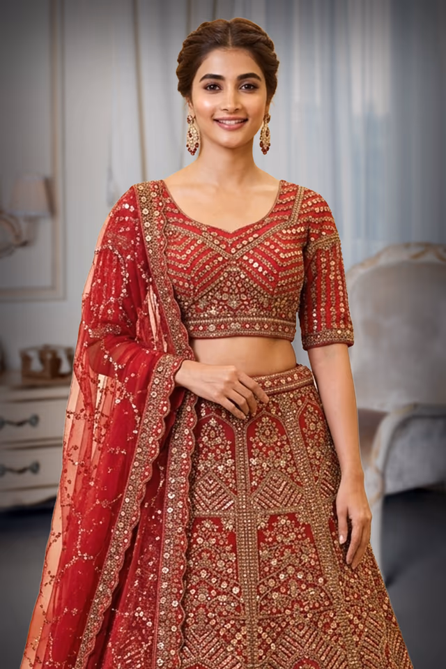 Crimson Red Hand-Embellished Bridal Lehenga Set with Intricate Zardosi Work — rent in Kochi