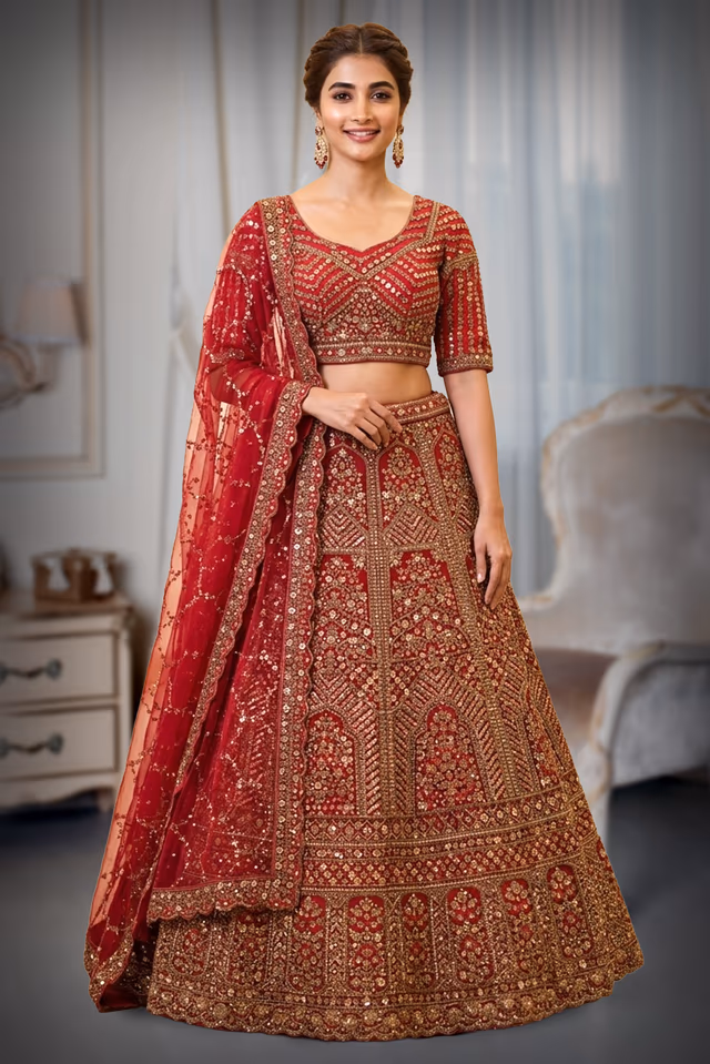 Crimson Red Hand-Embellished Bridal Lehenga Set with Intricate Zardosi Work — back view, rent in Kochi