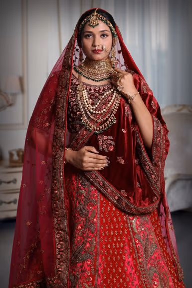 Dark pink embroidery maroon heavy border lehenga — rent in Bangalore
