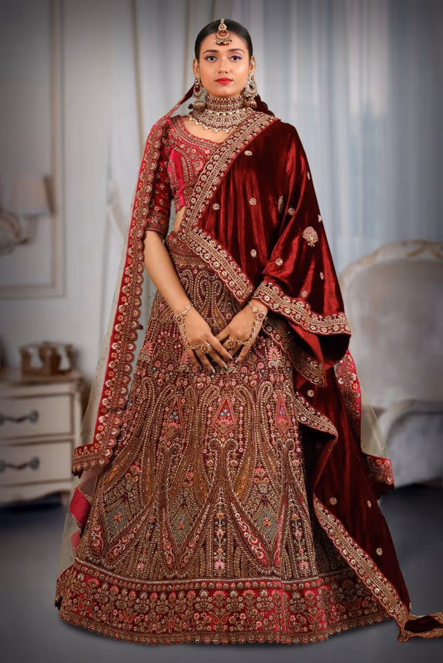 Dark purple multi color embroidery lehenga — back view, rent in Bangalore
