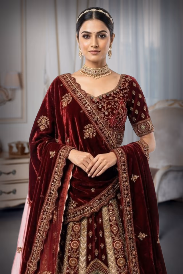 Deep Maroon and champagne gold Panels , luxurious skirt along with Dual Dhuppatta — rent in Coimbatore