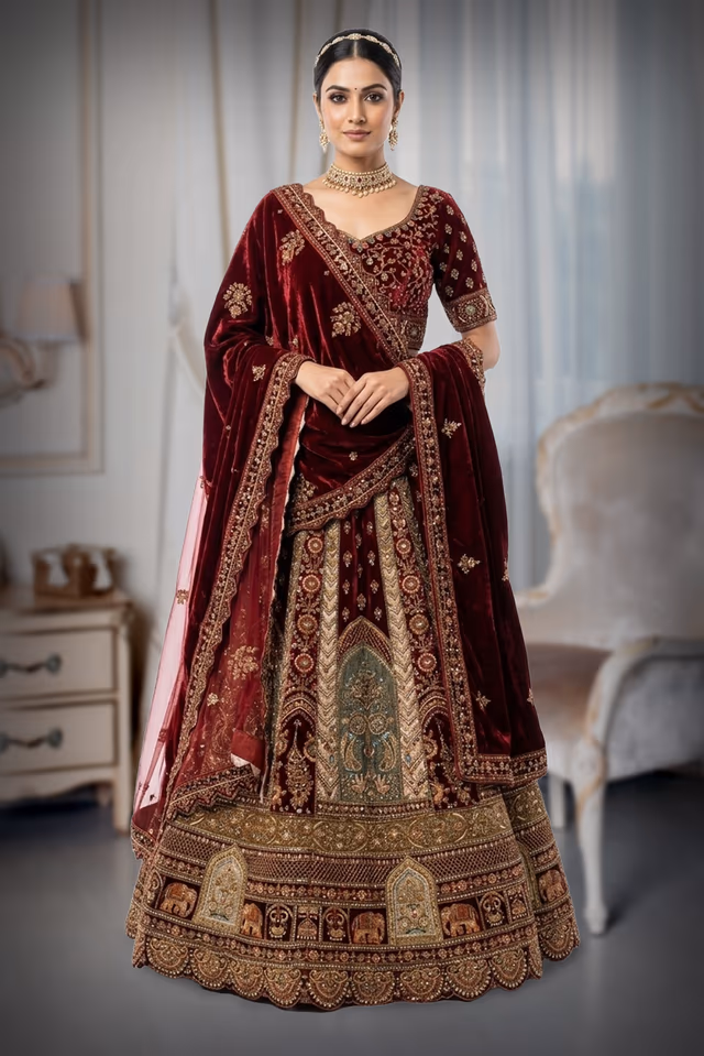 Deep Maroon and champagne gold Panels , luxurious skirt along with Dual Dhuppatta — back view, rent in Coimbatore