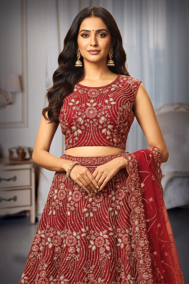 Deep Maroon Georgette Lehenga Choli with Allover Floral Sequin Embroidery and Net Dupatta — rent in Kochi