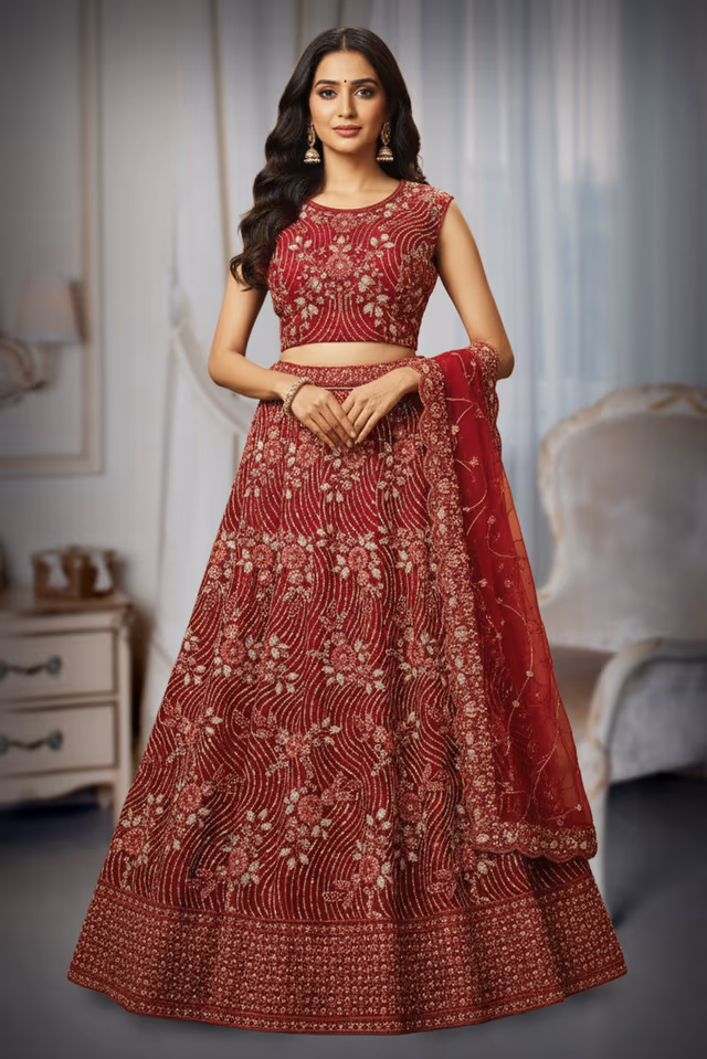 Deep Maroon Georgette Lehenga Choli with Allover Floral Sequin Embroidery and Net Dupatta — back view, rent in Kochi