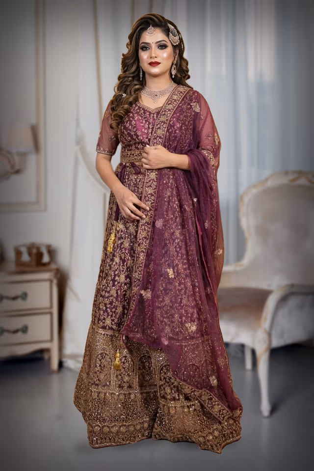 Stunning Deep Purple Net Lehenga Set Showcasing Elaborate Silver Thread Embroidery Detailed… — back view, rent in Calicut