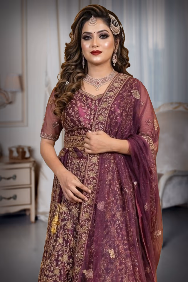 Stunning Deep Purple Net Lehenga Set Showcasing Elaborate Silver Thread Embroidery Detailed Floral… — rent in Calicut