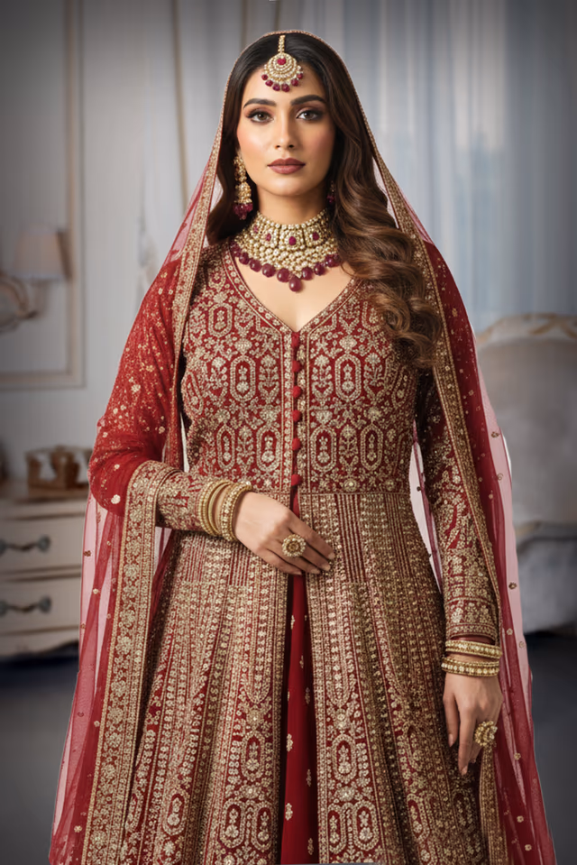 Deep Red Heavy Zardozi & Sequin Embroidered Open-Front Jacket with Lehenga Skirt and Net Dupatta — rent in Ernakulam