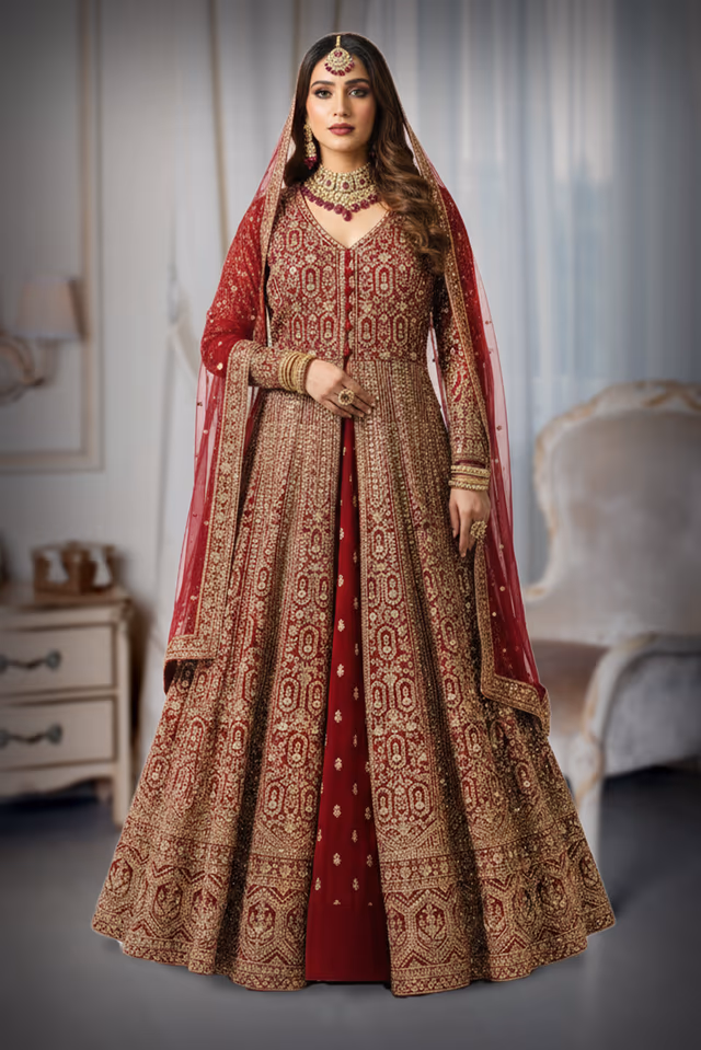 Deep Red Heavy Zardozi & Sequin Embroidered Open-Front Jacket with Lehenga Skirt and Net… — back view, rent in Ernakulam