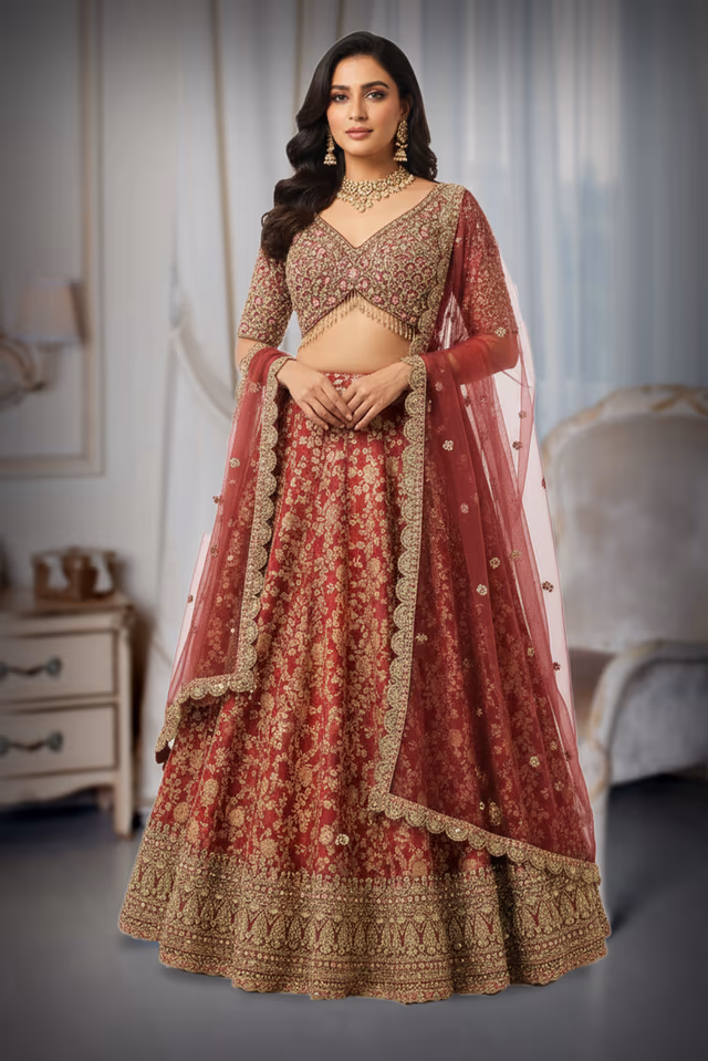 Dusky Rose Silk Brocade Lehenga with Heavy Hand-Embroidered V-Neck Choli and Net Dupatta — back view, rent in Kochi
