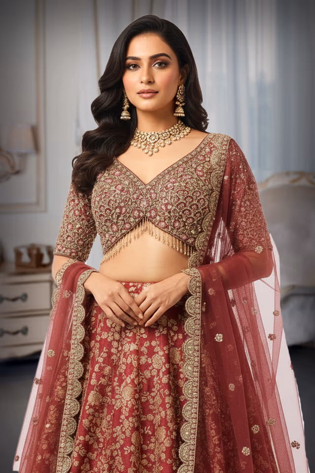Dusky Rose Silk Brocade Lehenga with Heavy Hand-Embroidered V-Neck Choli and Net Dupatta — rent in Kochi