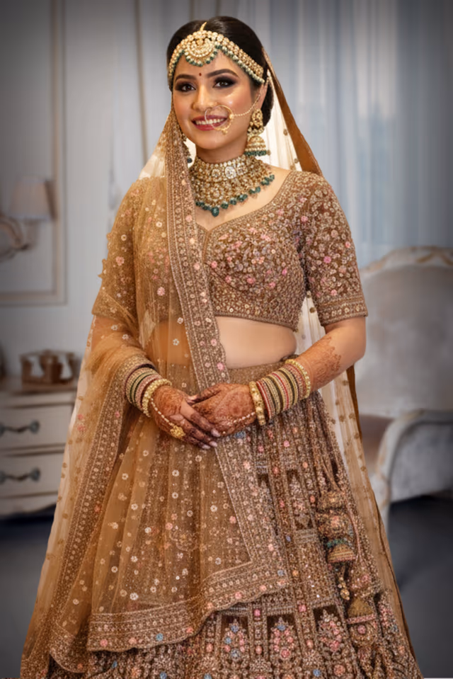 Heavy Embroidered Copper Brown Lehenga Choli Set — rent in Kochi