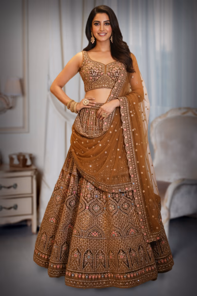 Heavy Embroidered Copper Brown Lehenga Choli Set — back view, rent in Kochi