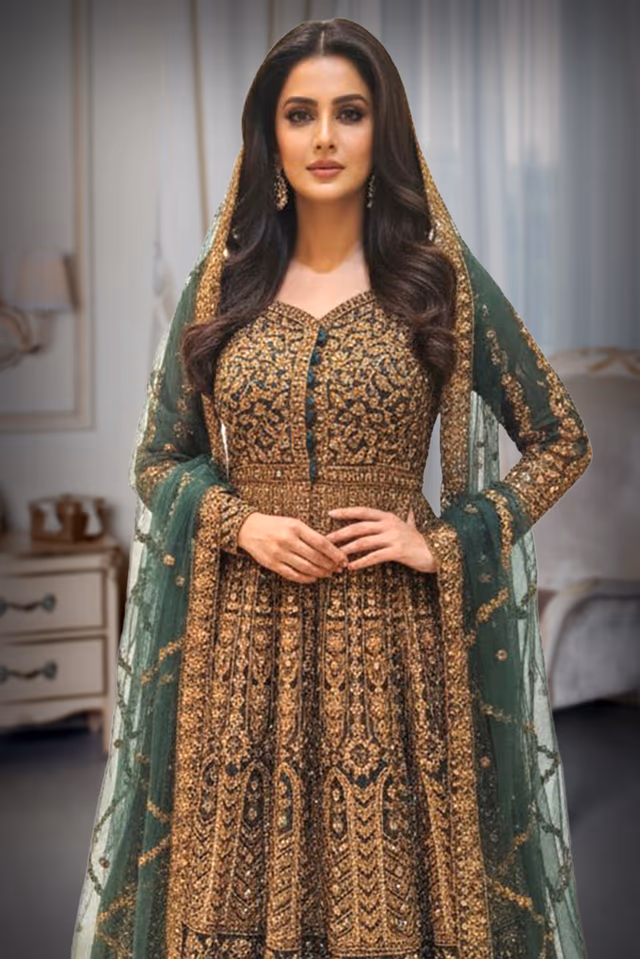 Emerald Green & Antique Gold Architectural Embellished Floor-Length Lehenga set — rent in Bangalore