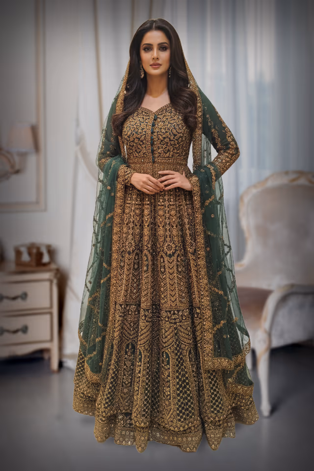 Emerald Green & Antique Gold Architectural Embellished Floor-Length Lehenga set — back view, rent in Bangalore