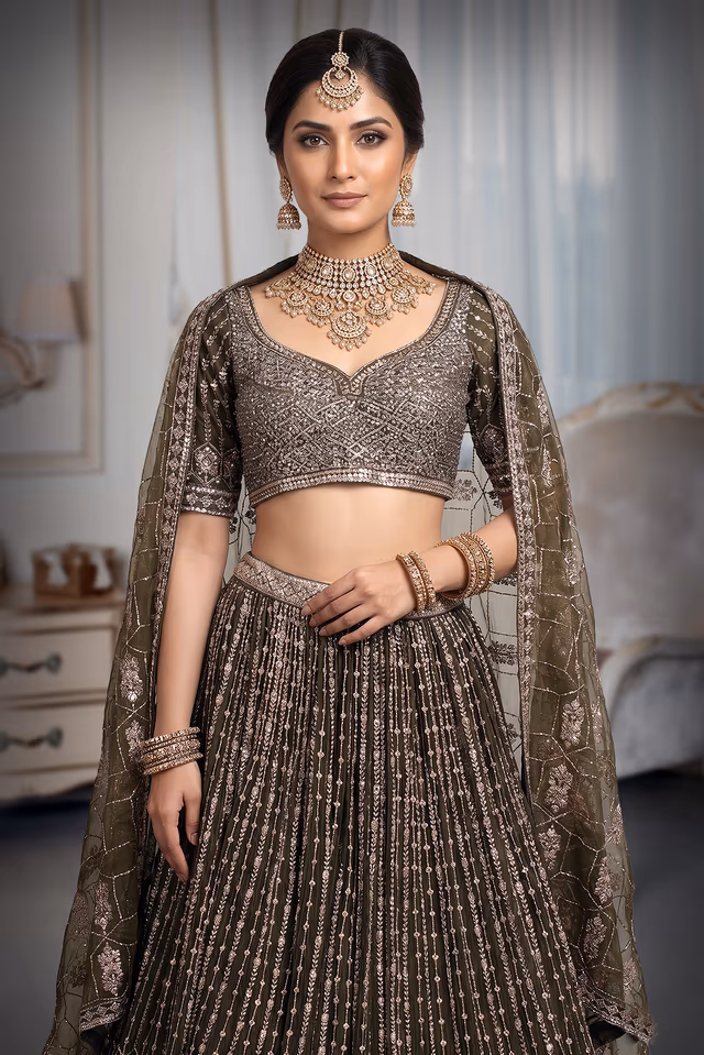 Exquisite Sequin Work Embellished Heavy Work Georgette Lehenga In Bottle Green Colour With Maximlist… — rent in Kochi