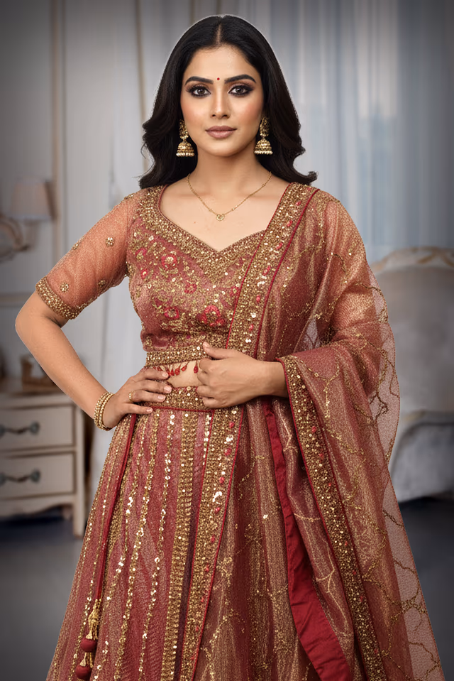 Elegant Garjra Pink Wedding Lehenga With Gold Embroidery And Plain Dupatta Suitable For Festive Functions — rent in Calicut